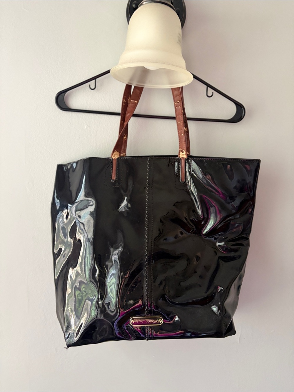 Betsey Johnson Black Patent Tote Bag with Brown Straps - super cute!